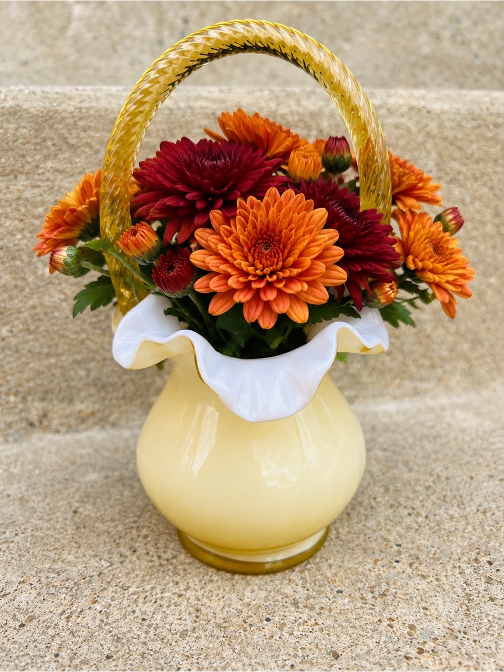1980s Fenton Candleglow Yellow Ivory Crest Art Glass Basket